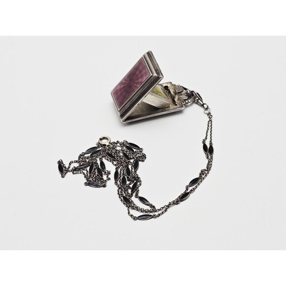 Vintage Art Deco Sterling Silver Black & Purple Enamel Pendant Watch Necklace - Picture 3 of 16